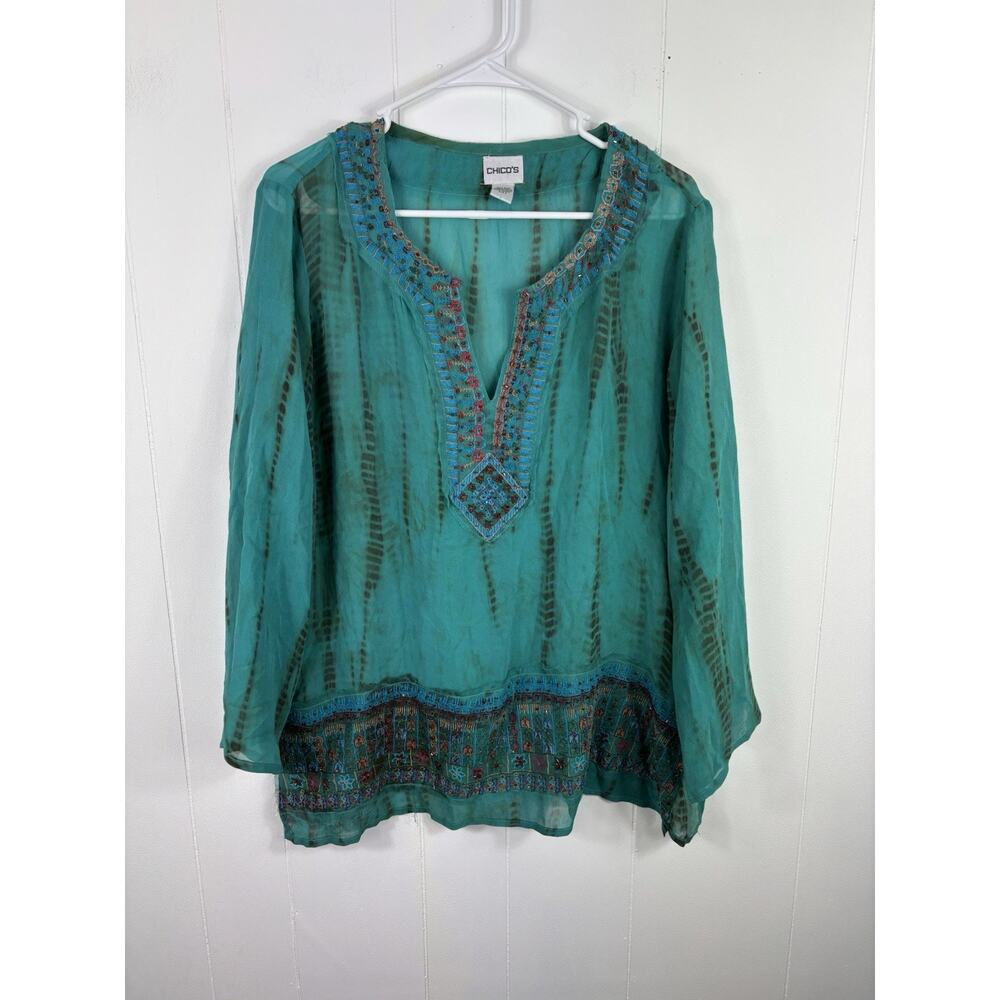 Chicos Women’s Embroidered Silk Beaded Tunic Grandma Preppy Tropical Beach Sz L